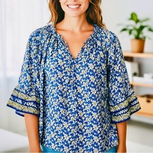Max Studio relaxed blue floral Ruffled Sleeve Blouse plus 3x